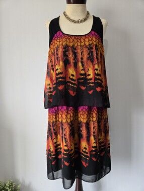 Tiana B. Sleeveless Printed Layered Bohemian Midi Dress. Size 8